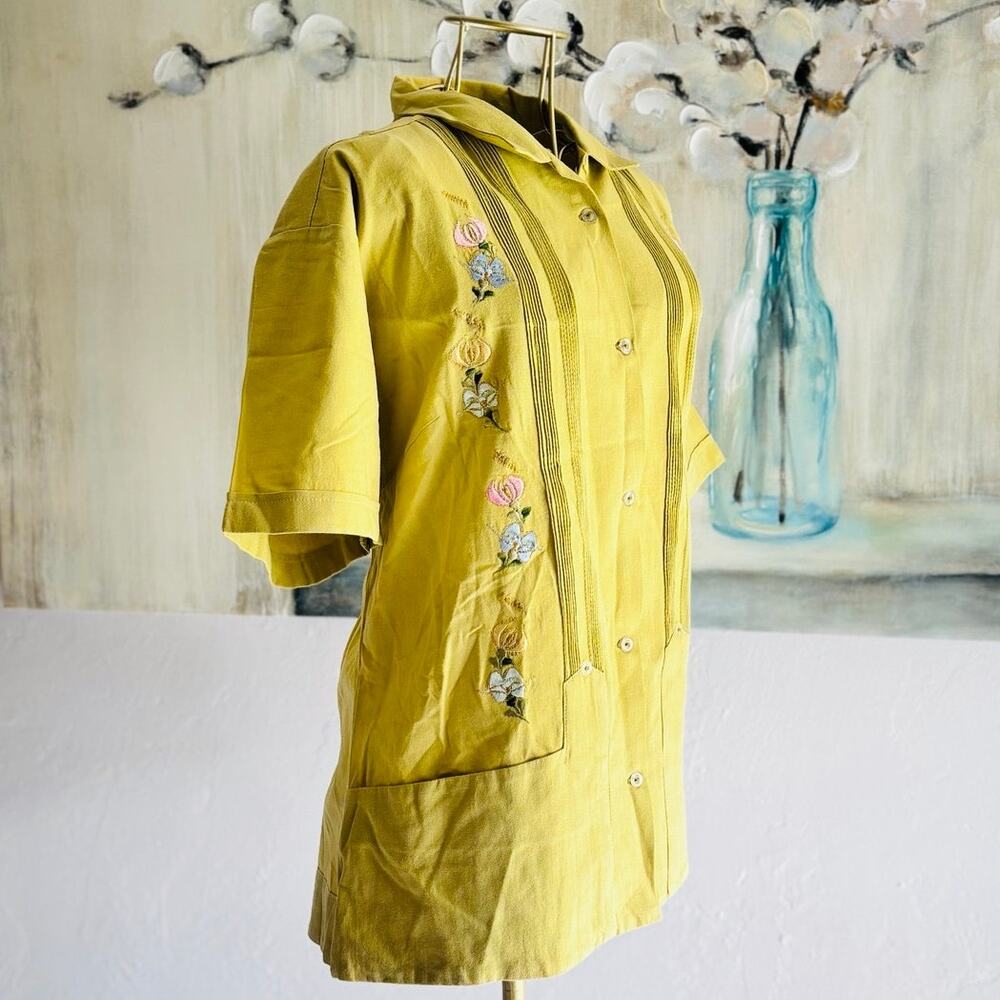 Custom Embroidered Floral Tunic Blouse Mustard Olive Large Seamstress Made